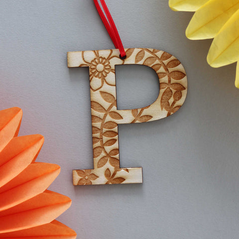 Assorted Letter P Wooden Engraved Hanging Decorations - 3mm natural sheen floral