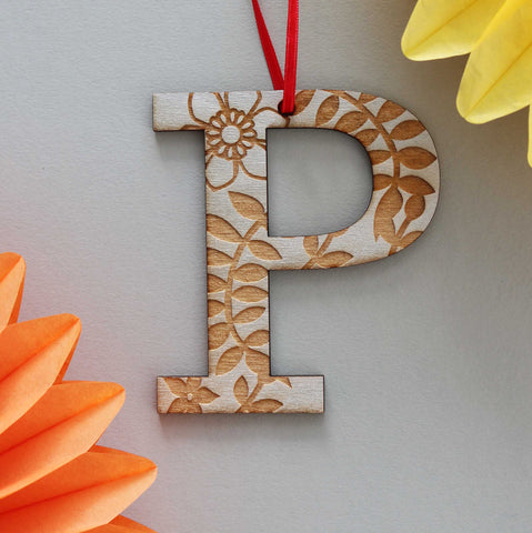 Assorted Letter P Wooden Engraved Hanging Decorations - 3mm silver floral