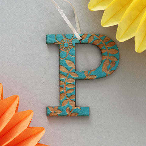 Assorted Letter P Wooden Engraved Hanging Decorations - 3mm teal floral