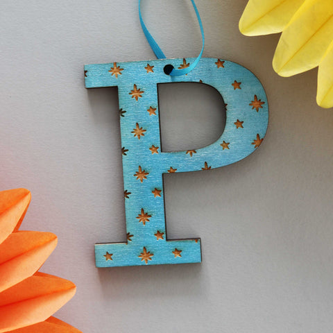 Assorted Letter P Wooden Engraved Hanging Decorations - 6mm blue stars