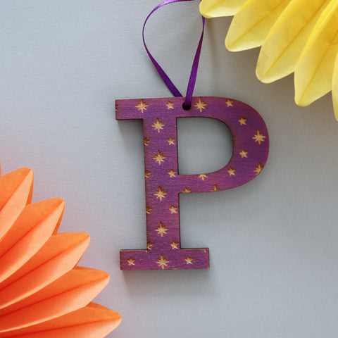 Assorted Letter P Wooden Engraved Hanging Decorations - 6mm purple stars