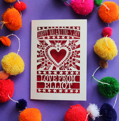 A personalised paper cut Valentine's card with a cut out heart surrounded by flowers. - A6 (small) / Dark Red