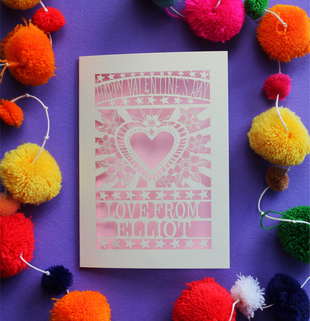 A laser cut Valentines card personalised with the sender's name. 