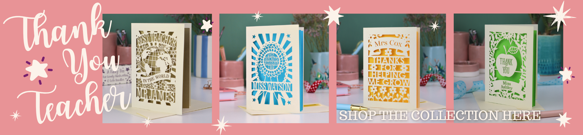 A banner featuring teacher thank you cards and text, 'thank you teacher- shop the collection here'