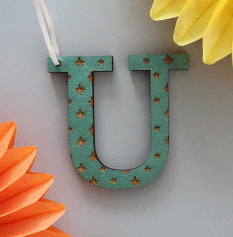 Assorted Letter U Wooden Engraved Hanging Decorations - 6mm green stars