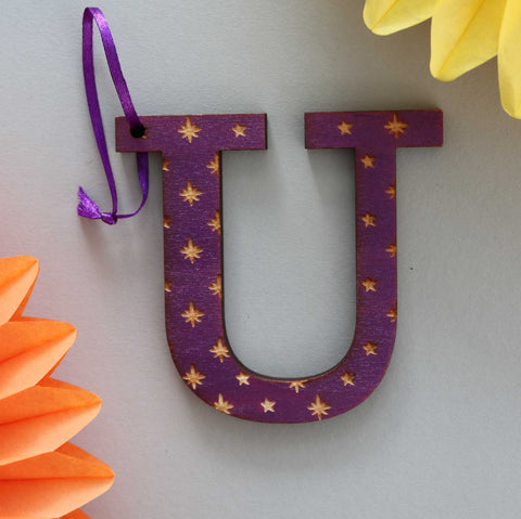 Assorted Letter U Wooden Engraved Hanging Decorations - 6mm purple stars
