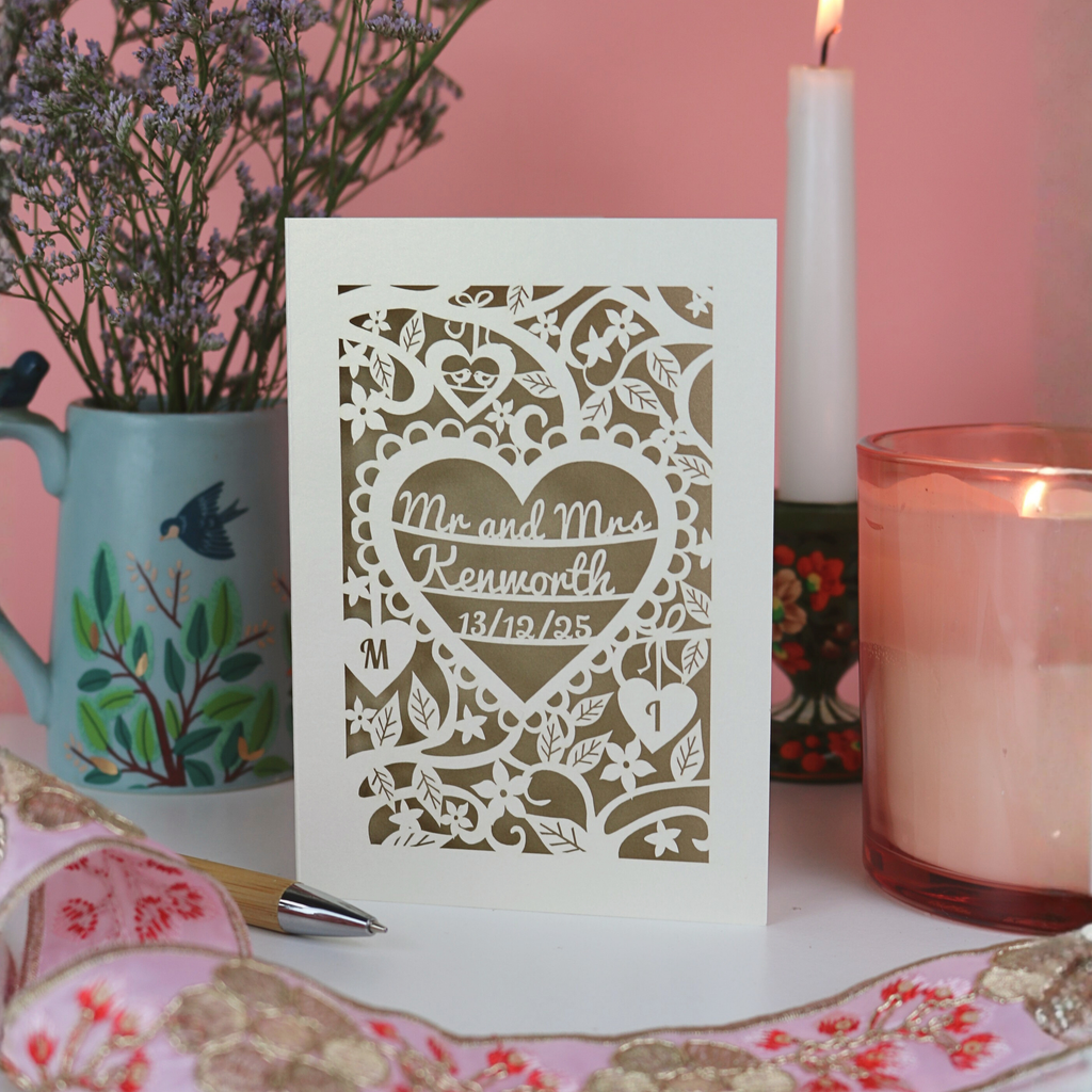 Personalised Wedding Card - Laser Cut Heart Wedding Design