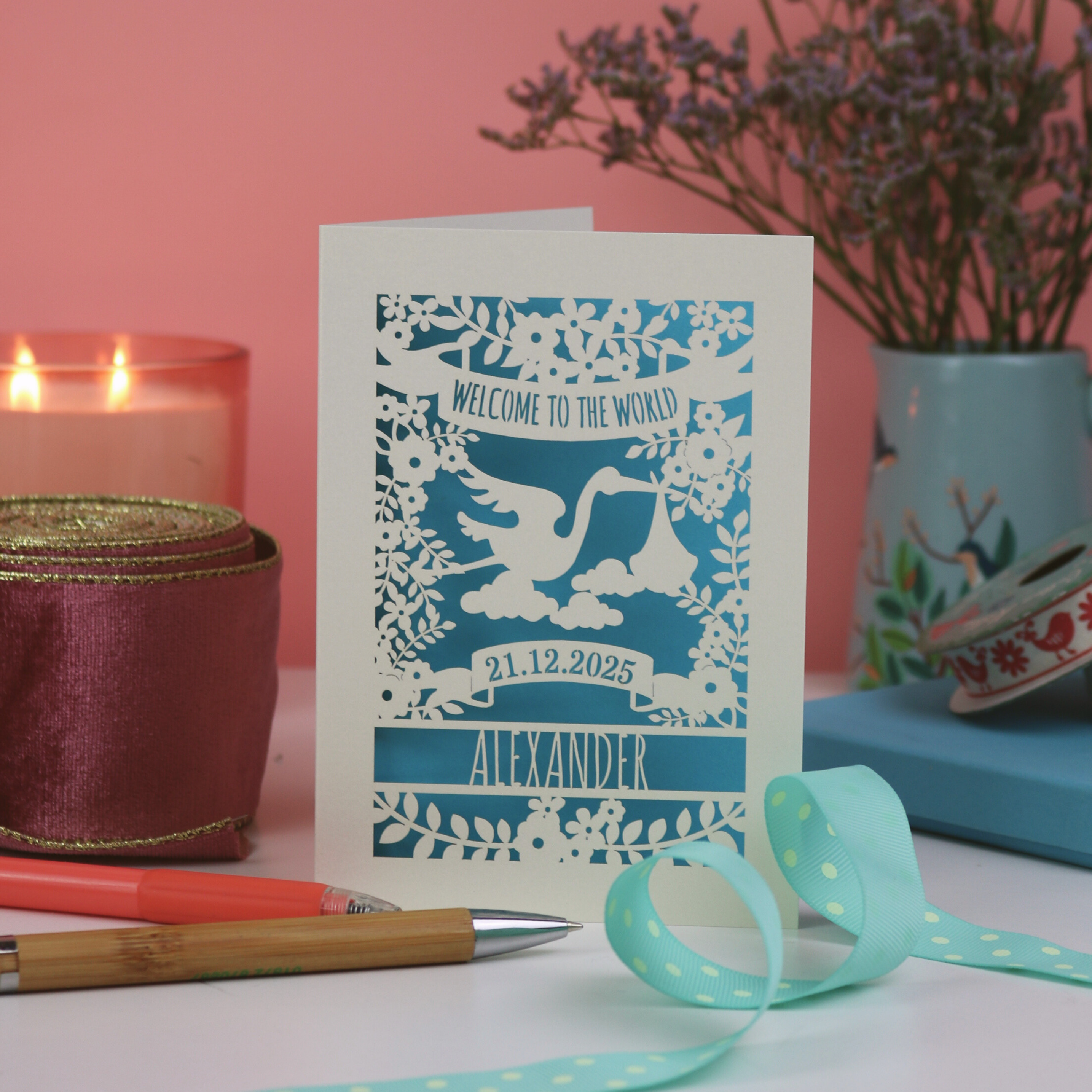 Personalised Floral New Baby Paper Cut Card