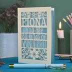 A laser cut greetings card personalised with the name Fiona, and with the text You are all kinds of wonderful