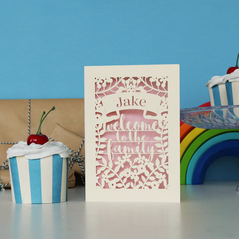 Personalised Papercut Welcome To The Family Card - A6 (small) / Candy Pink