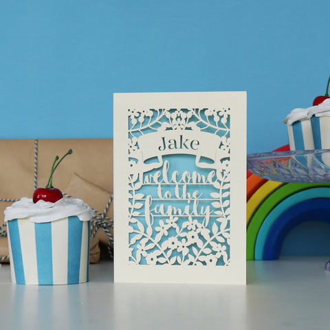 Personalised Papercut Welcome To The Family Card - A6 (small) / Light Blue
