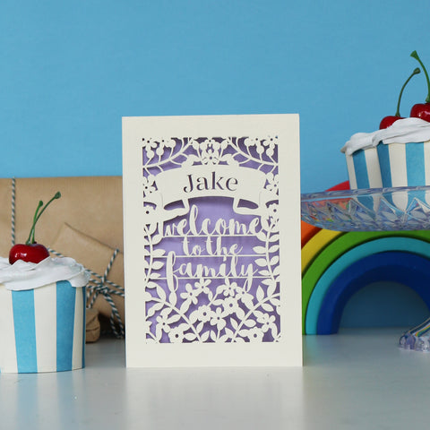 Personalised Papercut Welcome To The Family Card - A6 (small) / Lilac