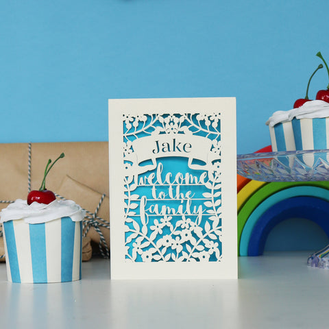 Personalised Papercut Welcome To The Family Card - A6 (small) / Peacock Blue