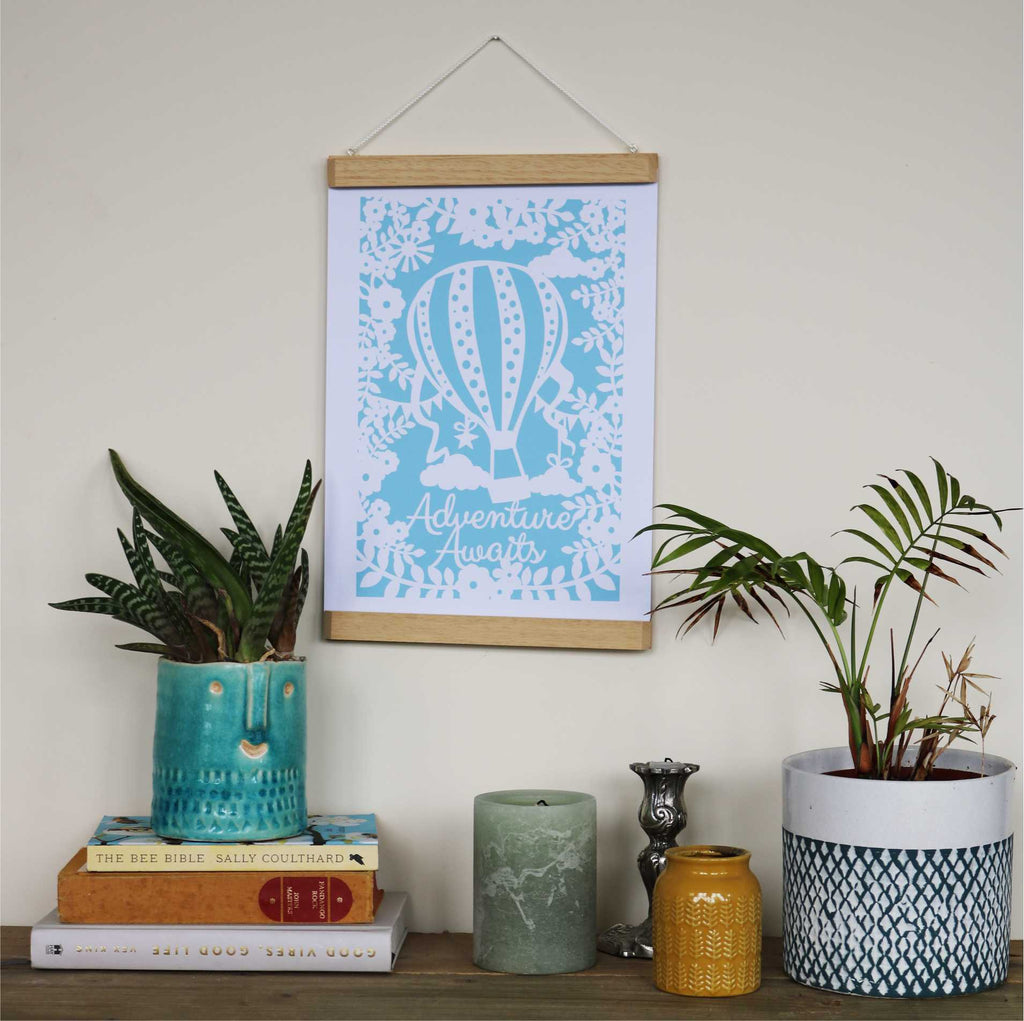 Sky blue adventure awaits print with wooden magnetic poster hanger