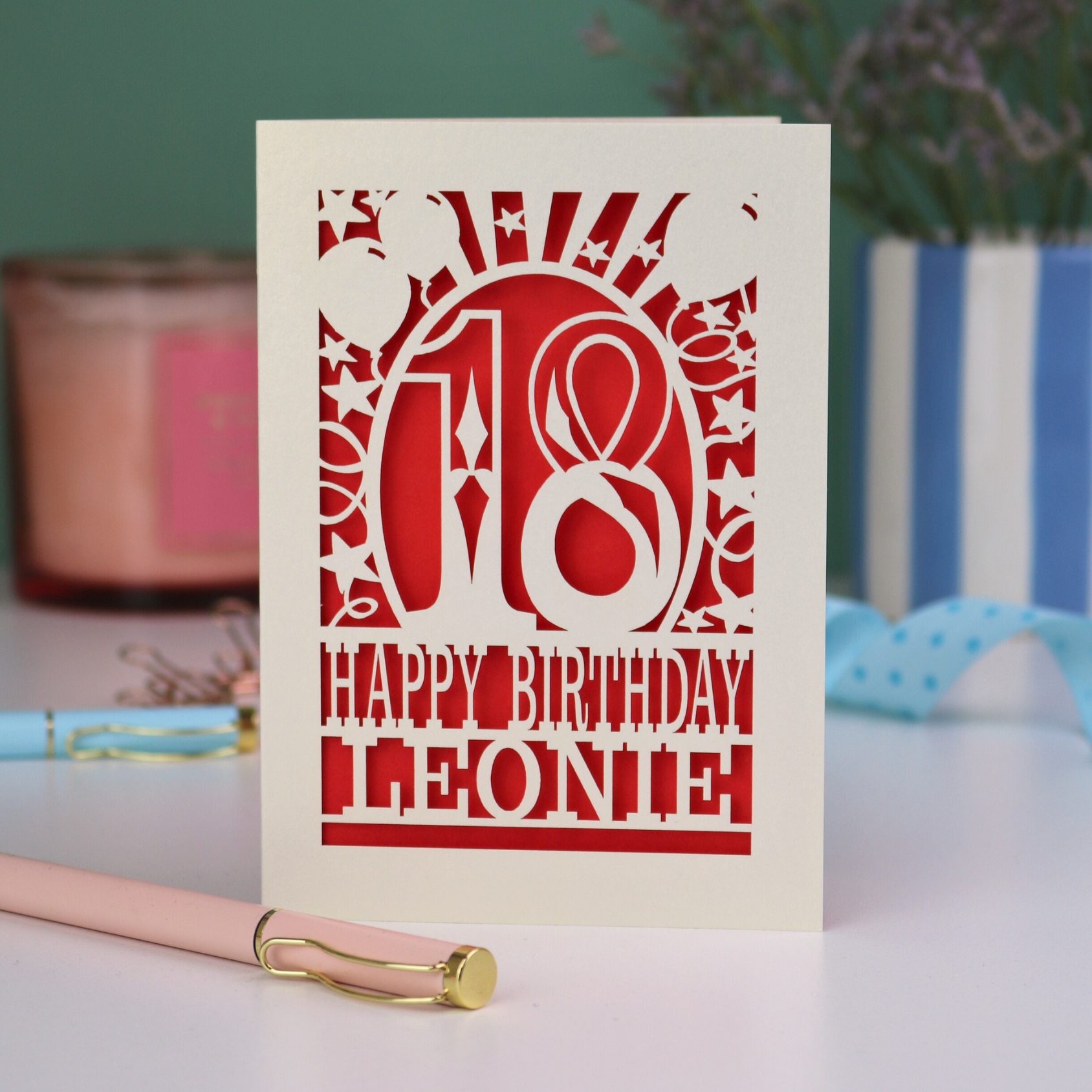 A laser cut 18th birthday card, personalised with a name, and the text "18, Happy Birthday"