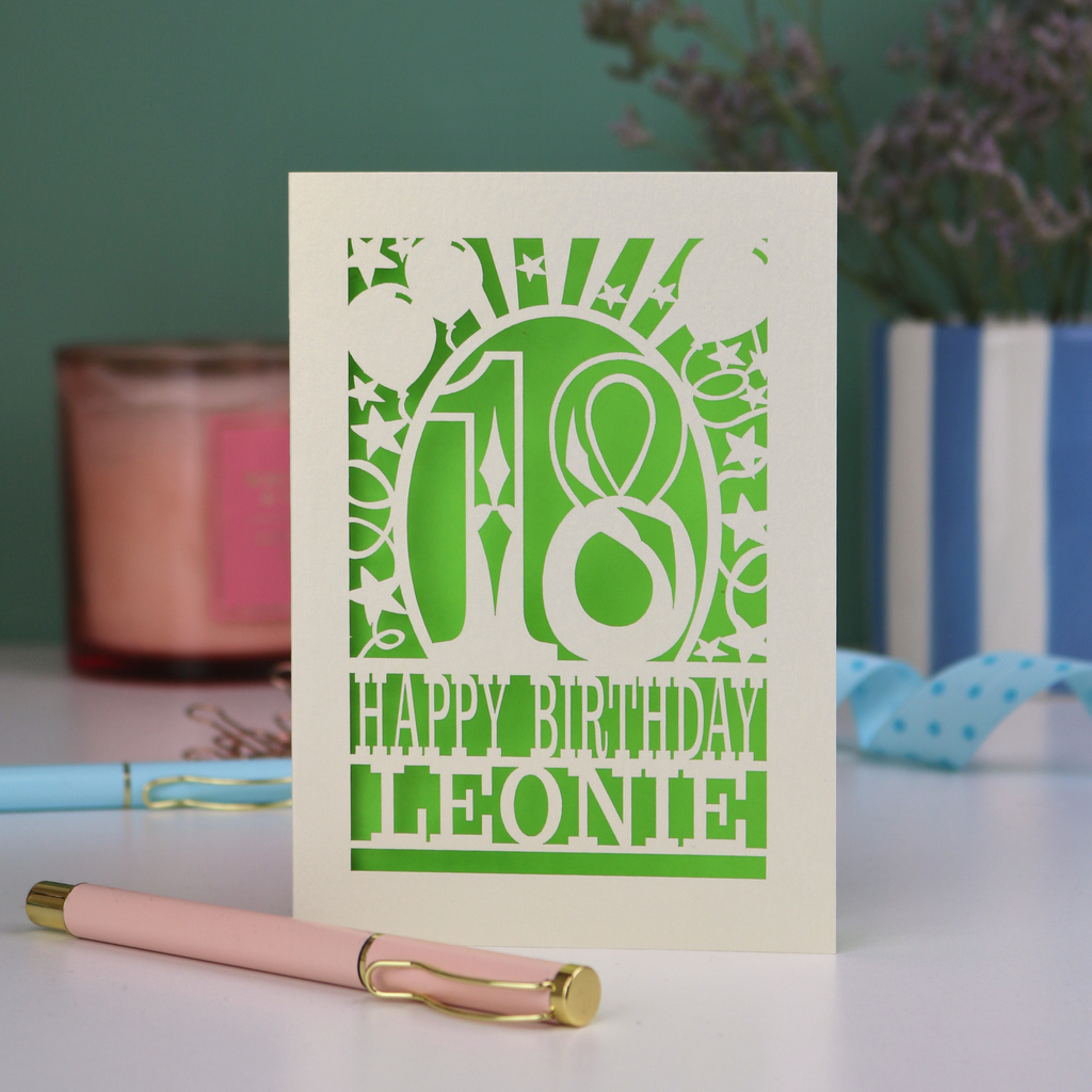A personalised cut out 18th birthday card, personalised with a name, and the text "18, Happy Birthday"