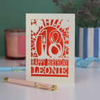 A laser cut 18th birthday card, personalised with a name, and the text "18, Happy Birthday"