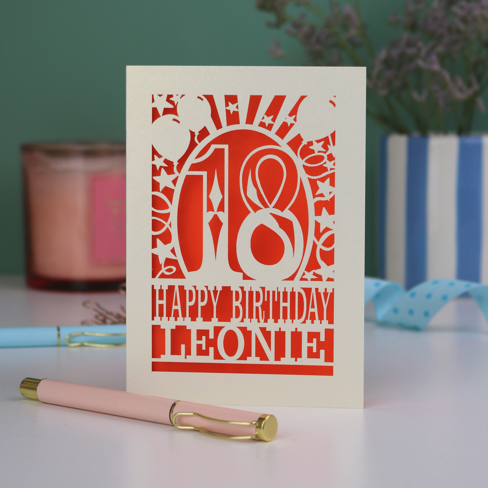A laser cut 18th birthday card, personalised with a name, and the text "18, Happy Birthday"