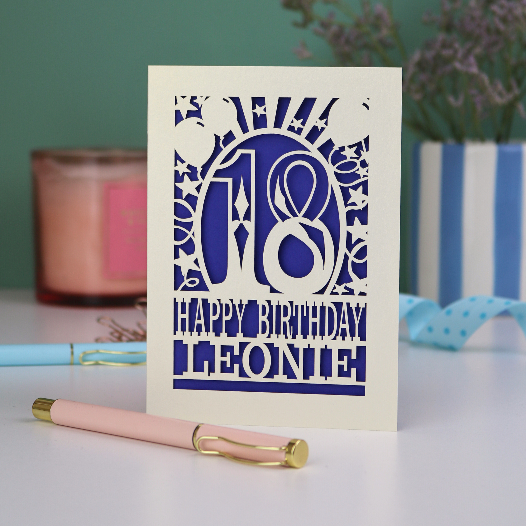 A laser cut 18th birthday card, personalised with a name, and the text "18, Happy Birthday"