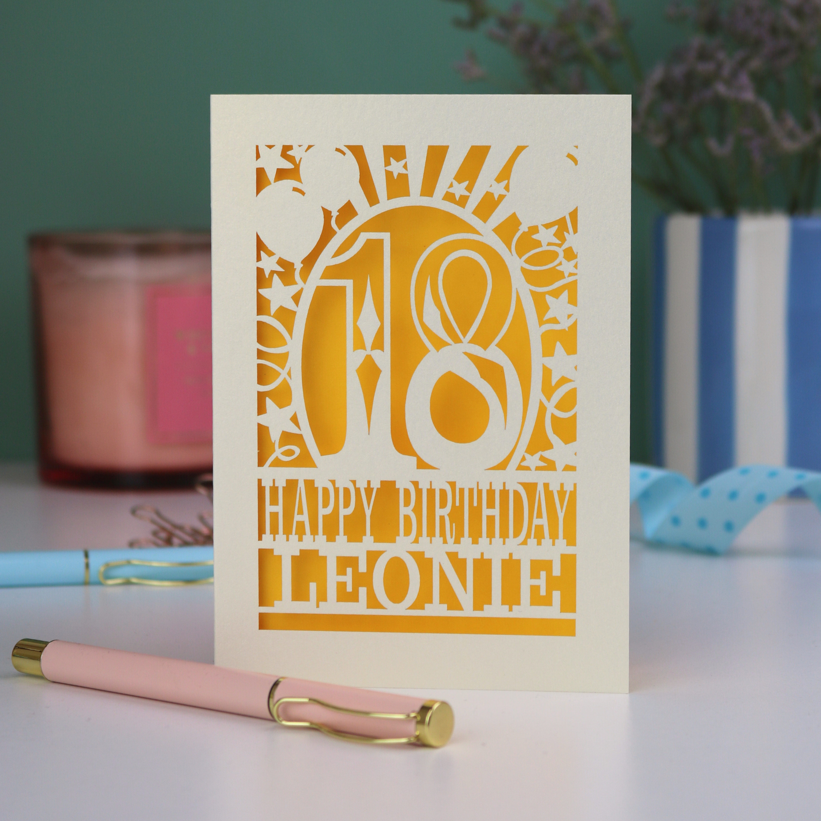 A laser cut 18th birthday card, personalised with a name, and the text "18, Happy Birthday"