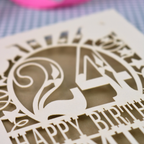 A personalised birthday card with a laser-cut design, featuring the number 24 and the text 'HAPPY BIRTHDAY JEMIMA'. 