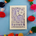 Decorative Aquarius Birthday card with 'FREYA AQUARIUS' design on a blue background with colourful pom-poms.
