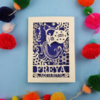Decorative Aquarius Birthday card with 'FREYA AQUARIUS' design on a blue background with colourful pom-poms.