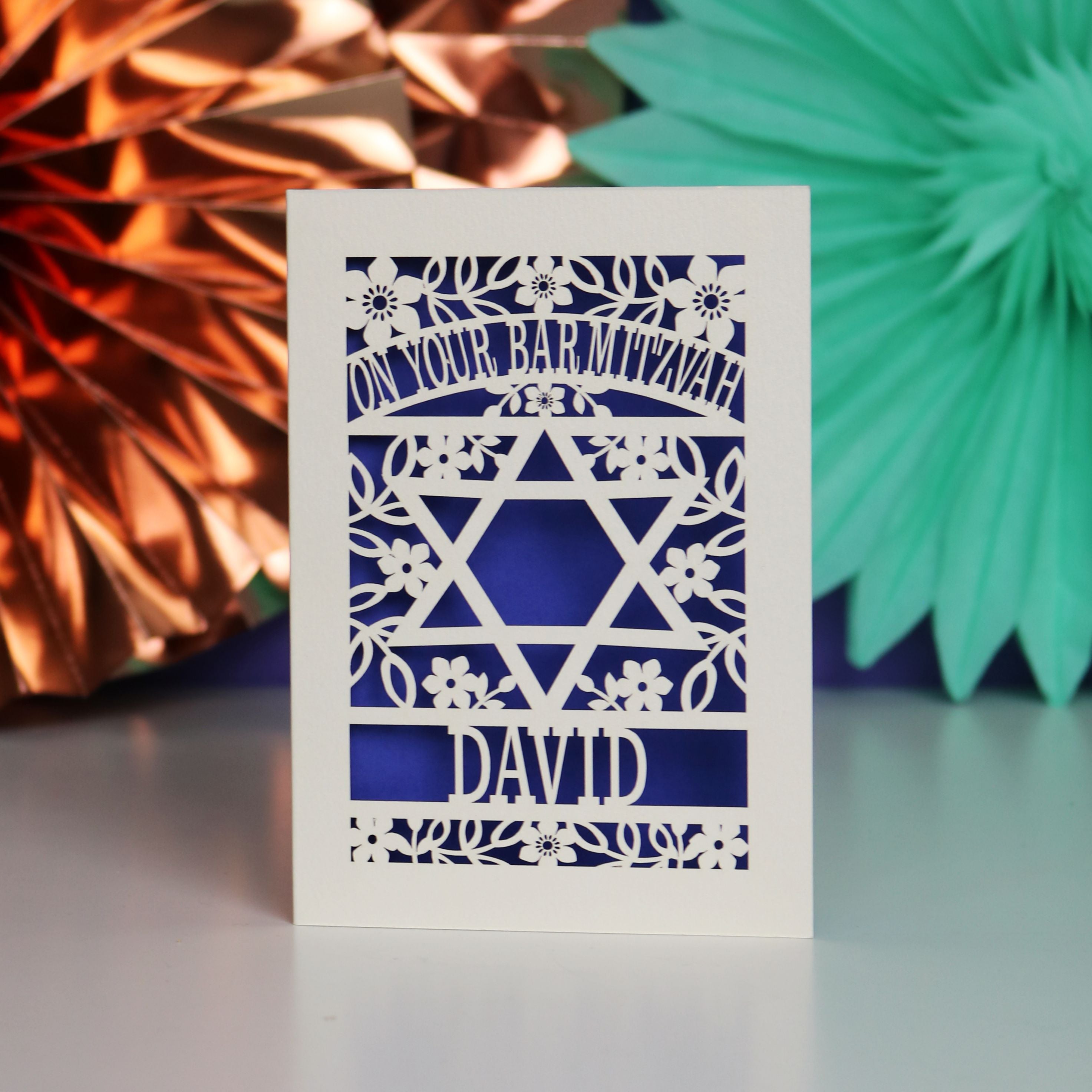 A unique keepsake laser cut Bar Mitzvah card that says "On Your Bar Mitzvah, Name"