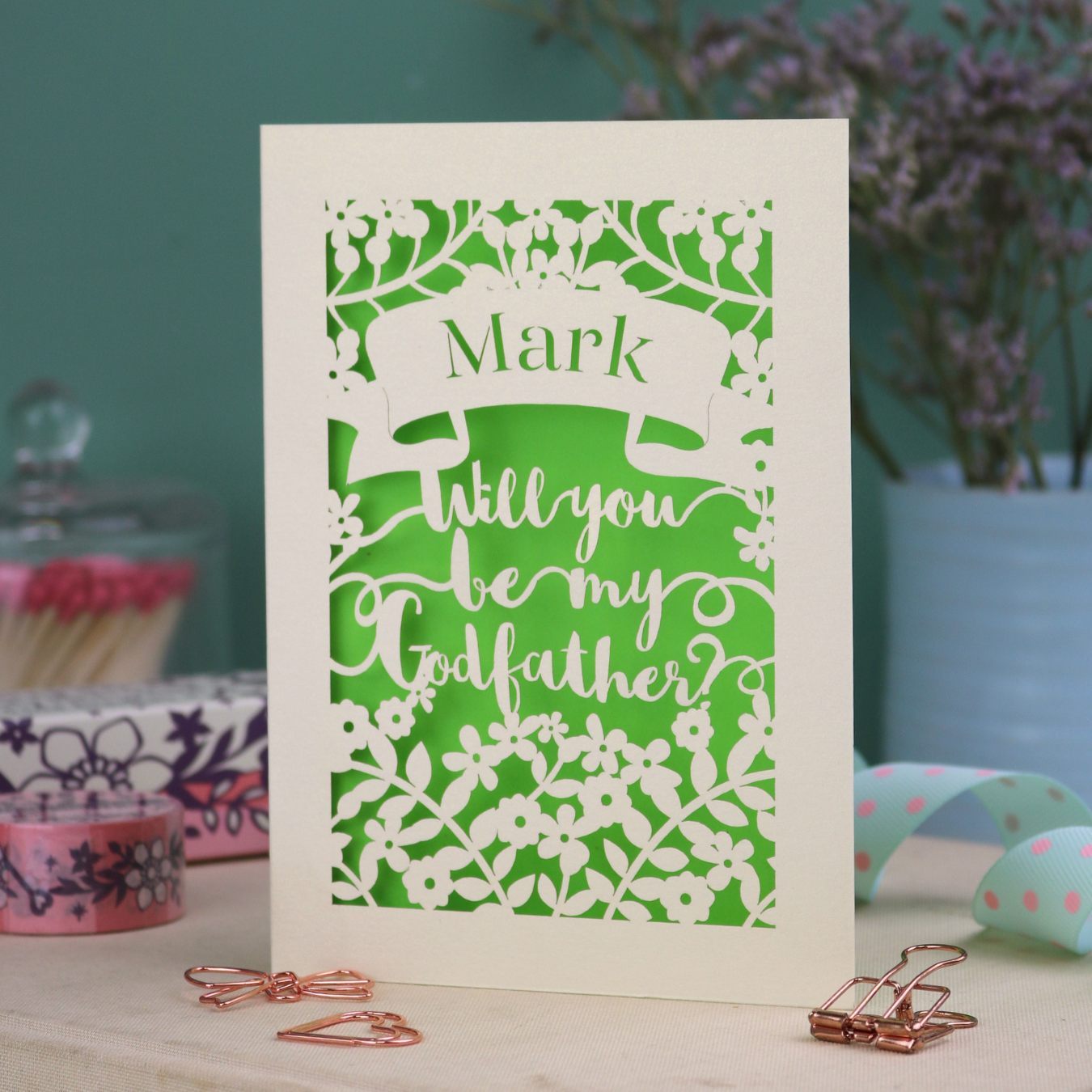 Card with 'Will you be my Godfather?' text on a decorative background