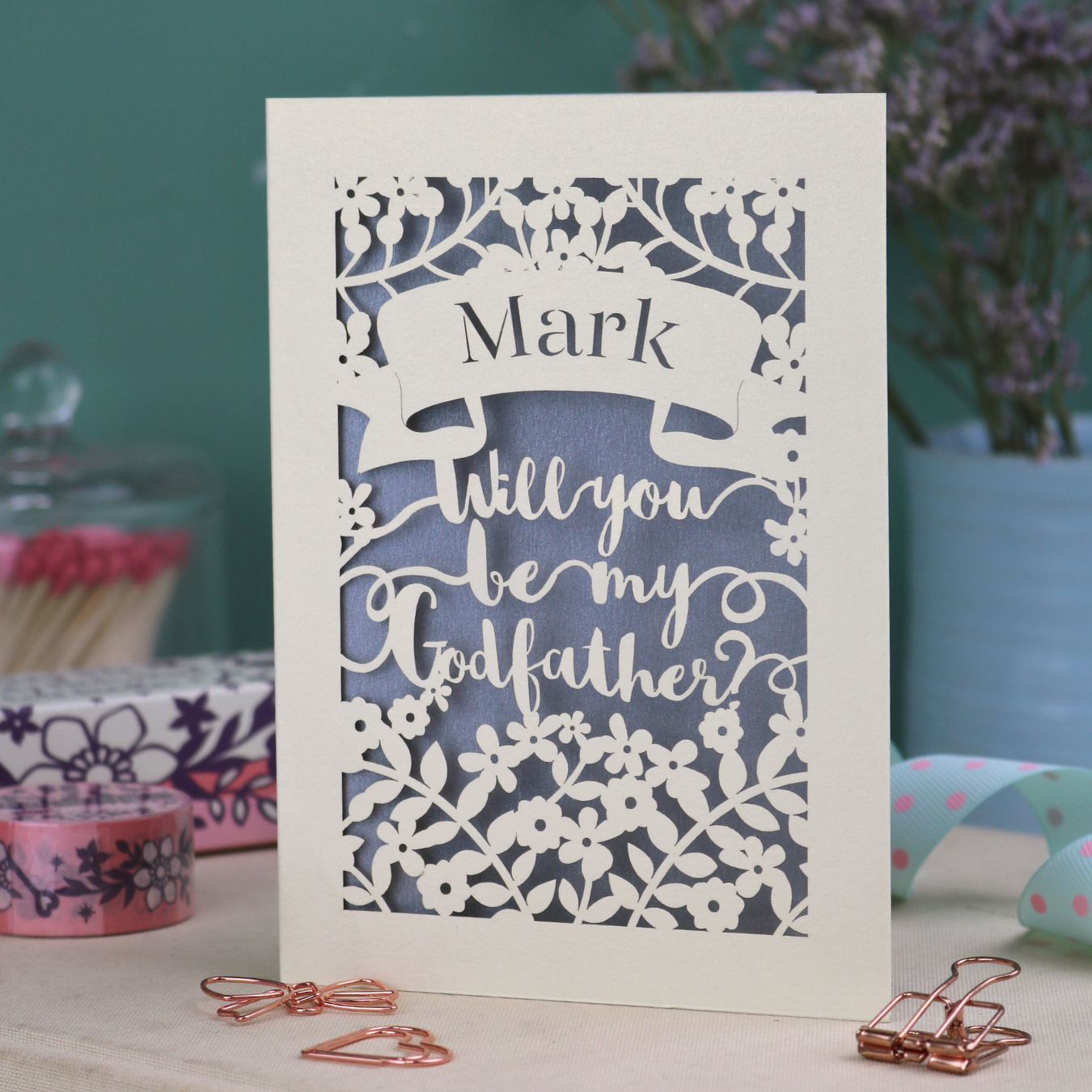 A personalised Godfather card with cut out 'Will you be my Godfather?' text on a decorative background
