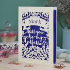 A personalised laser cut Godfather card with 'Will you be my Godfather?' text on a decorative background