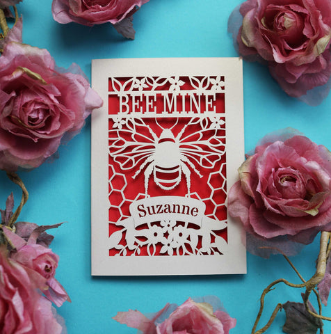 A laser cut "bee mine" personalised Valentines Day card - A6 (small) / Bright Red