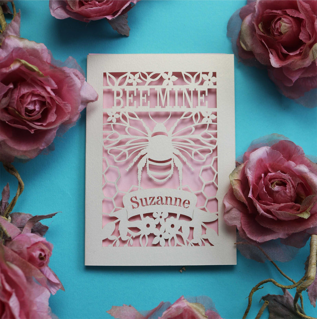A paper cut "bee mine" personalised Valentine's card