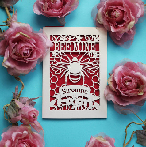 A papercut "bee mine" personalised Valentine's card - A6 (small) / Dark Red