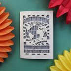 UK made fathers day cards with a cut out of the world and the words "Happy Fathers Day to the best dad in the whole world"