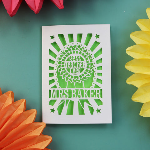 A laser cut thank you teacher card featuring a rosette and the teacher's name.  - A6 / Bright Green