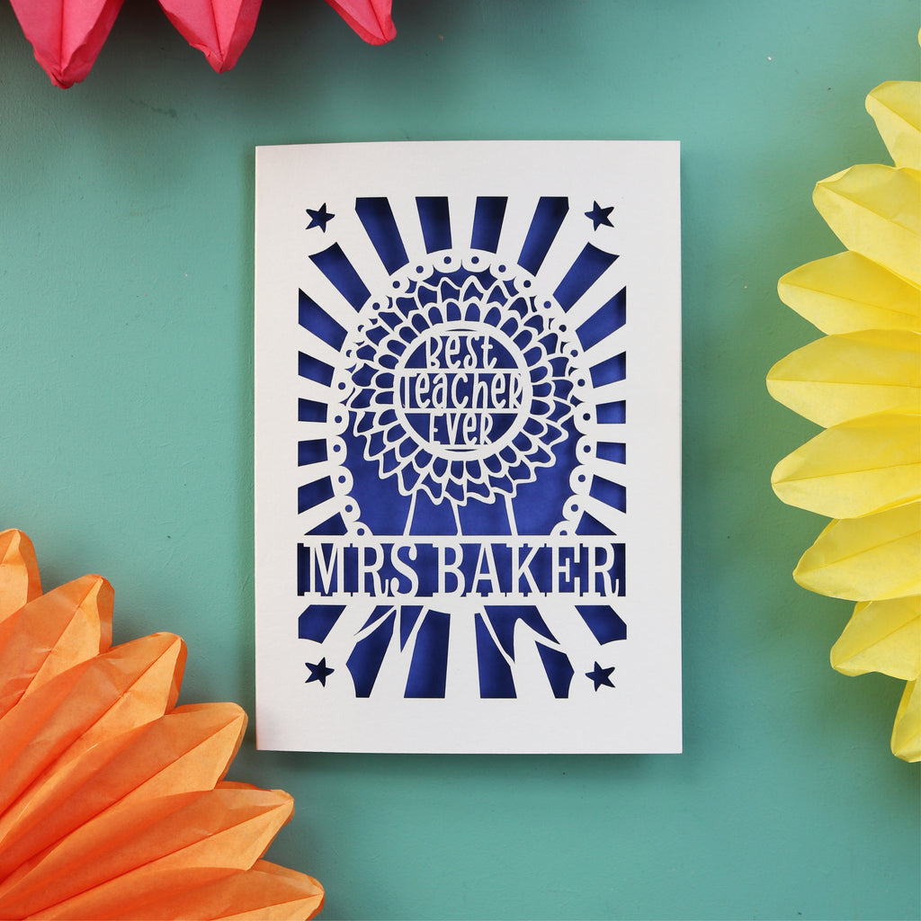 A paper cut thank you teacher card