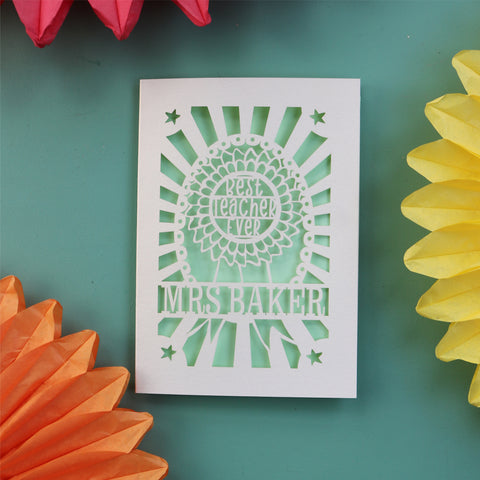 A laser cut thank you teacher card for the best teacher ever - A6 / Light Green