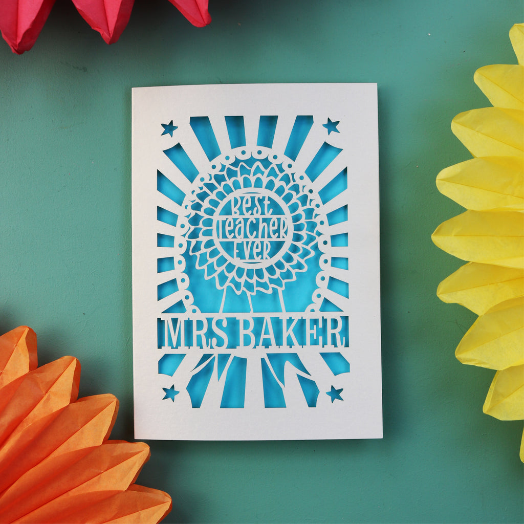 A laser cut end of term teacher card