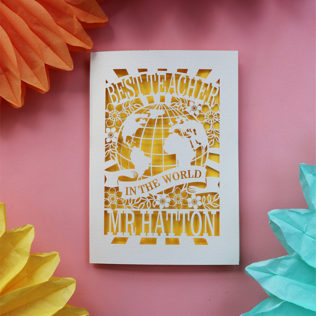 A unique thank you teacher card for the best teacher in the world, personalised and laser cut in the UK