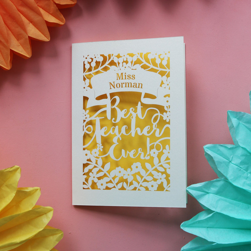 Thank you teacher personalised card with flowers and personalised with teacher's name