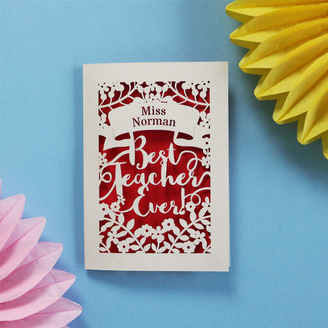 Personalised Papercut Best Teacher Card - A5 / Bright Red