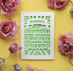 A laser cut personalised Big Sister card