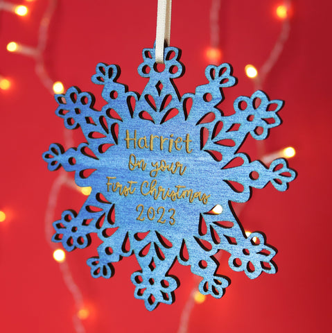 Personalised Blue Snowflake First Christmas Decoration - 