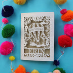 A cut out hot air balloon bon voyage card