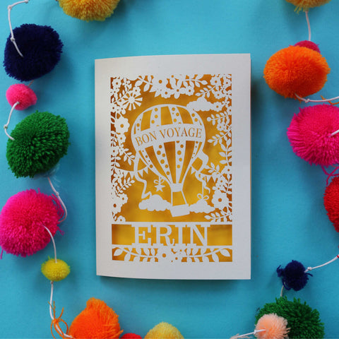 A cream and bright yellow laser cut personalised bon voyage card - A5 (large) / Sunshine Yellow