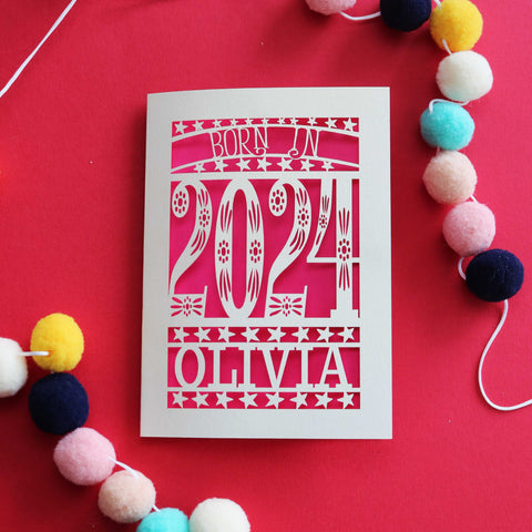 "Born in 2024" personalised laser cut card - A6 (small) / Shocking Pink
