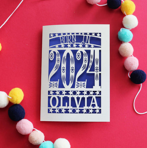 A laser cut New baby card that says "Born in 2024" - A6 (small) / Infra Violet
