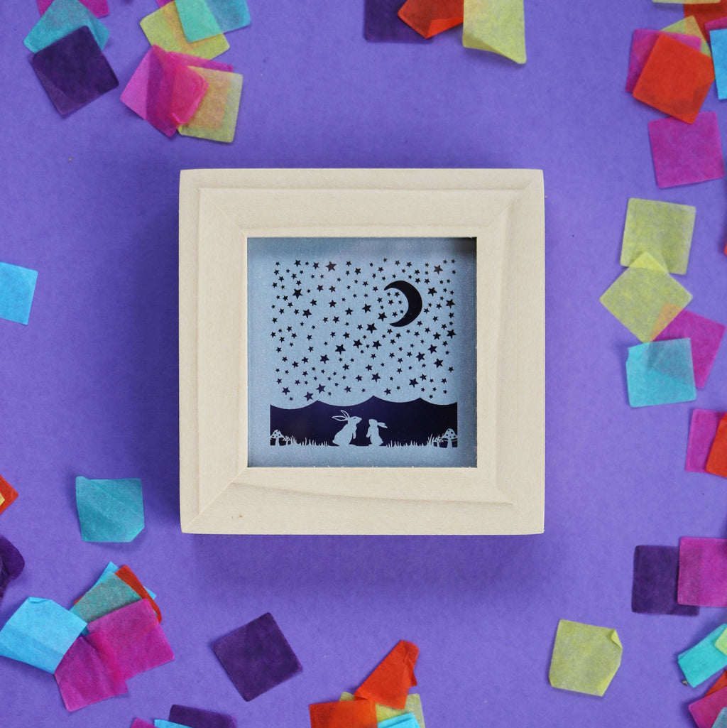 Small Square Framed Silver Bunnies Papercut