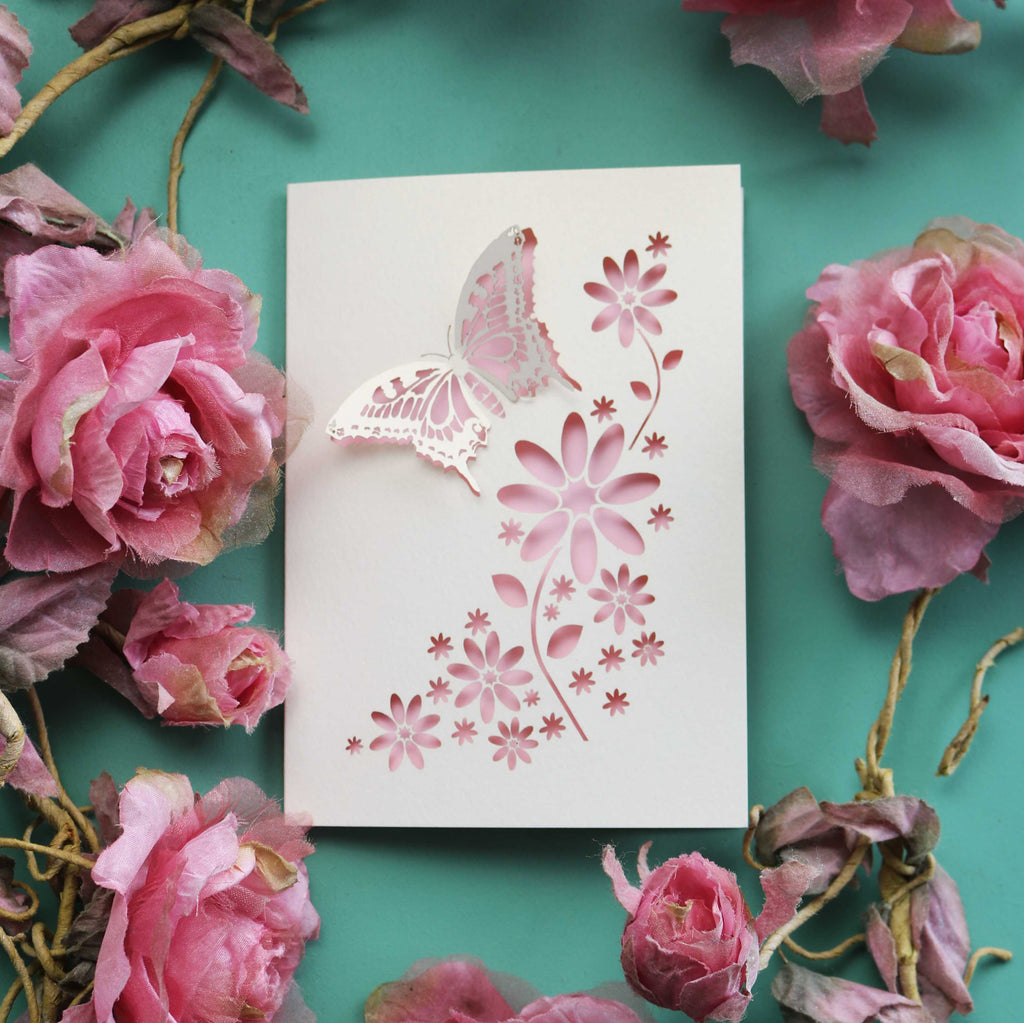 A laser cut 3D effect butterfly card